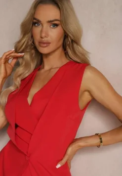 Czerwony Elegancki Kopertowy Kombinezon Zapinany na Suwak i Guzik Dimeera