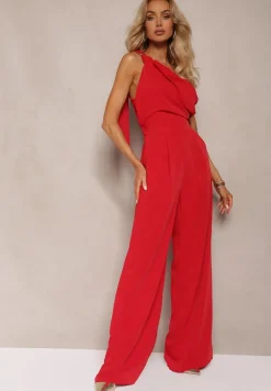 Czerwony Kombinezon z Asymetrycznym Dekoltem i Kieszeniami Benae