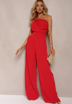 Czerwony Kombinezon z Asymetrycznym Dekoltem i Kieszeniami Benae