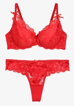 Czerwony Komplet Bielizny z Koronką i Kokardkami Biustonosz i Stringi Nasorinne