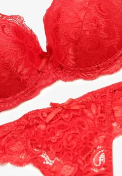 Czerwony Komplet Bielizny z Koronką i Kokardkami Biustonosz i Stringi Nasorinne