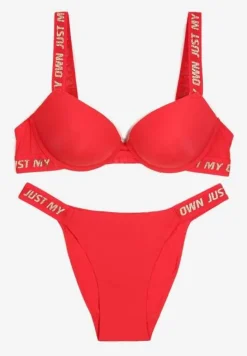 Czerwony Komplet Ozdobiony Napisami z Biustonoszem z Efektem Push-Up i Majtkami Bralicia
