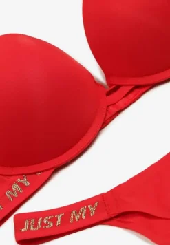 Czerwony Komplet Ozdobiony Napisami z Biustonoszem z Efektem Push-Up i Majtkami Bralicia