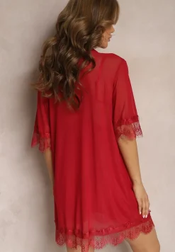 Czerwony Komplet Piżamowy z Siateczki Koszula Nocna Szlafrok Stringi Liamara