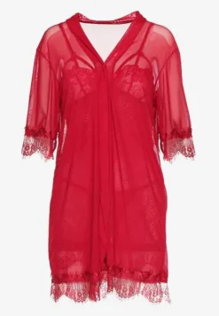 Czerwony Komplet Piżamowy z Siateczki Koszula Nocna Szlafrok Stringi Liamara