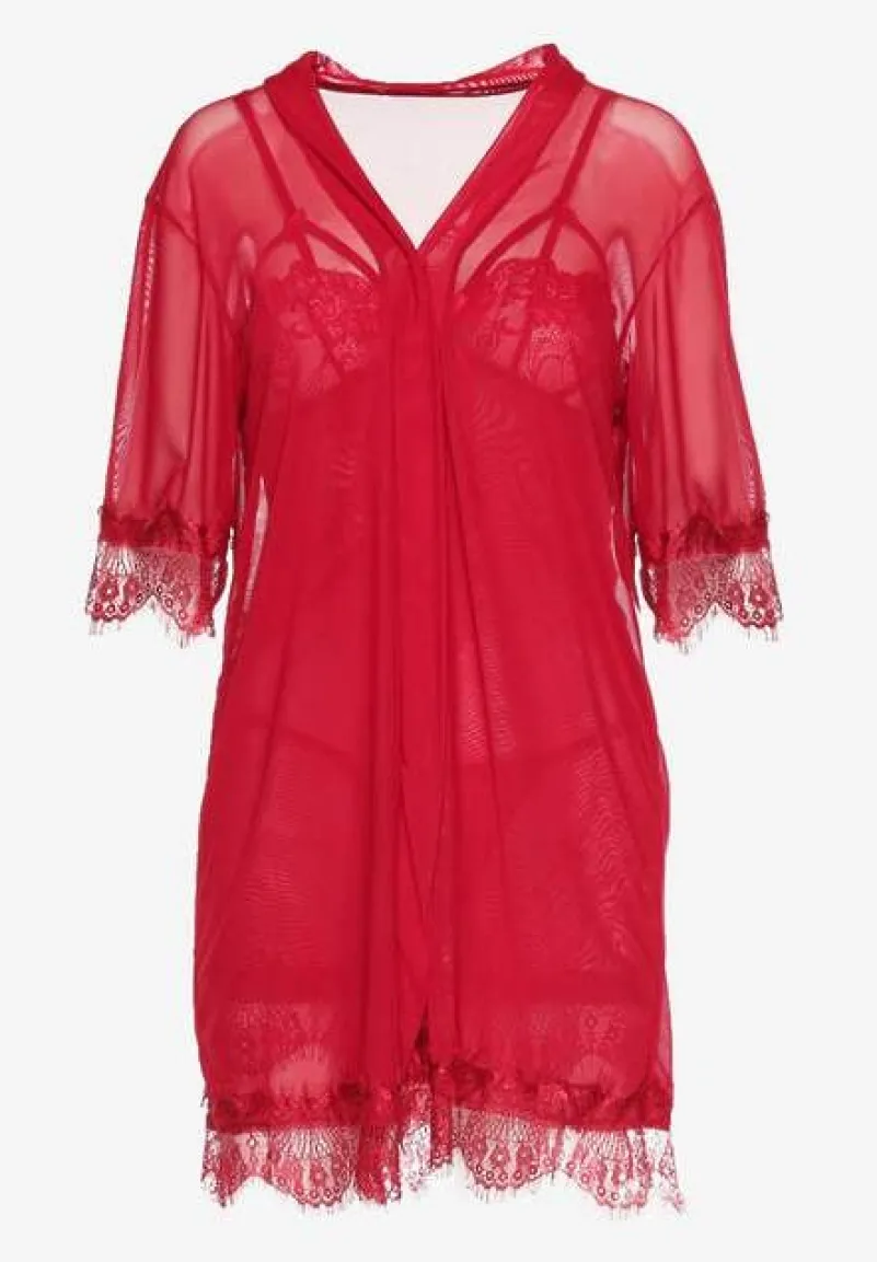 Czerwony Komplet Piżamowy z Siateczki Koszula Nocna Szlafrok Stringi Liamara