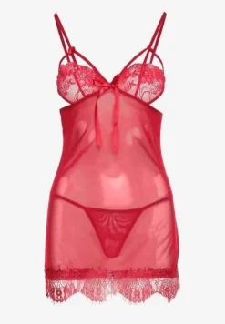 Czerwony Komplet Piżamowy z Siateczki Koszula Nocna Szlafrok Stringi Liamara