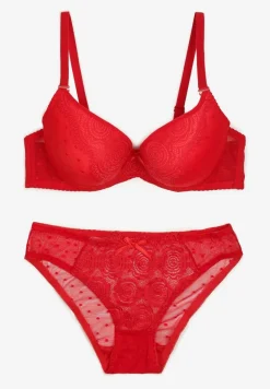 Czerwony Komplet z Koronką Figi i Usztywniany Biustonosz z Kokardami Iridorea