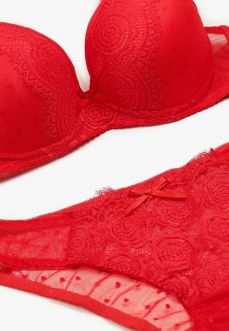 Czerwony Komplet z Koronką Figi i Usztywniany Biustonosz z Kokardami Iridorea