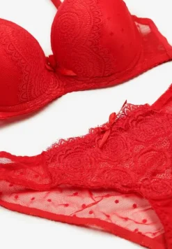 Czerwony Komplet z Koronki Majtki Typu Figi i Biustonosz z Kokardami i Usztywnieniem Arrbelia