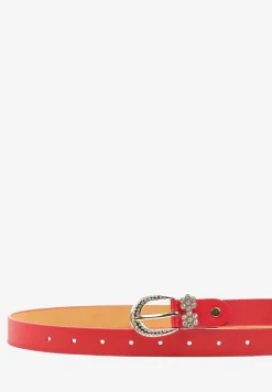 Czerwony Pasek z Aplikacjami w Kształcie Kwiatków i Ozdobną Sprzączką Tinasol