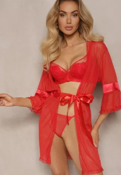 Czerwony Prześwitujący Szlafrok ze Stringami Placitra