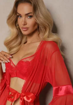 Czerwony Prześwitujący Szlafrok ze Stringami Placitra