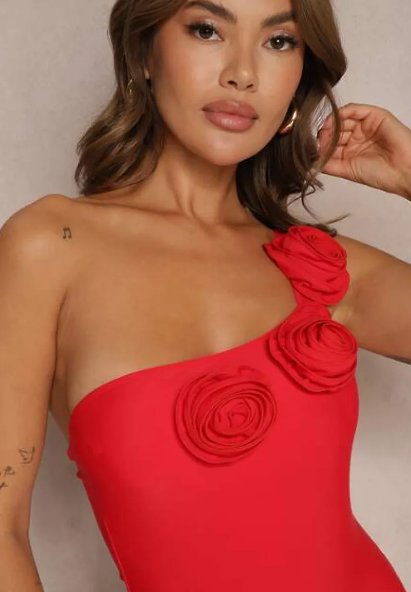 Czerwony Strój Kąpielowy Jednoczęściowy o Asymetrycznym Kroju z Kwiatową Aplikacją Irisabel