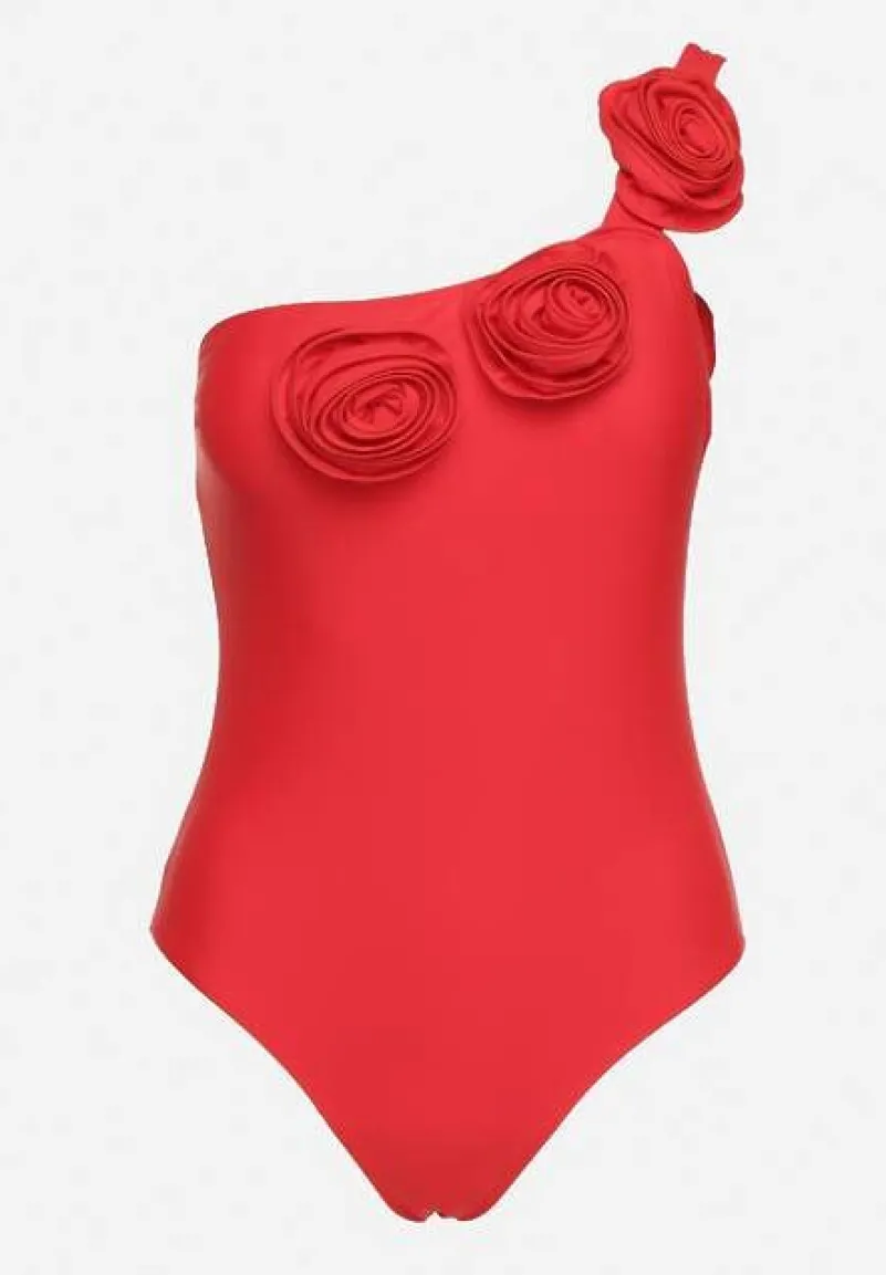 Czerwony Strój Kąpielowy Jednoczęściowy o Asymetrycznym Kroju z Kwiatową Aplikacją Irisabel