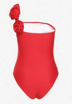 Czerwony Strój Kąpielowy Jednoczęściowy o Asymetrycznym Kroju z Kwiatową Aplikacją Irisabel