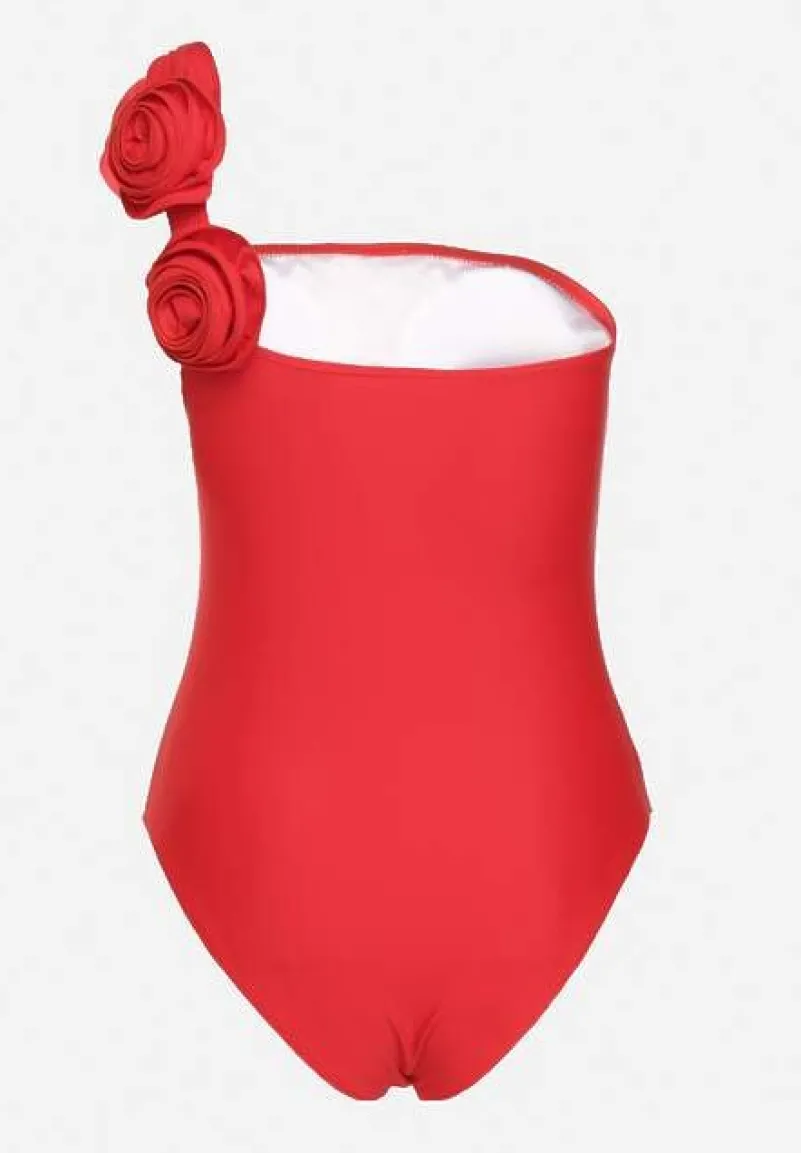 Czerwony Strój Kąpielowy Jednoczęściowy o Asymetrycznym Kroju z Kwiatową Aplikacją Irisabel