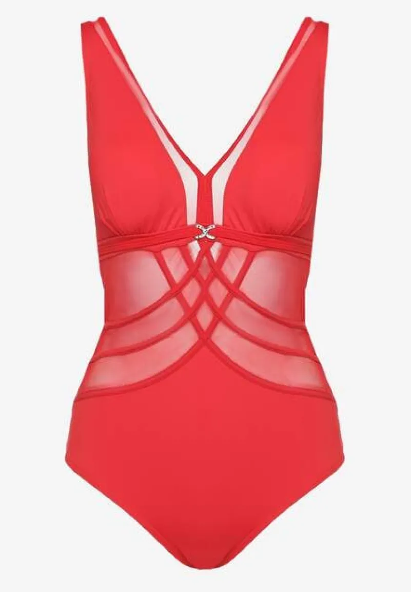 Czerwony Strój Kąpielowy z Transparentnymi Wstawkami Folore