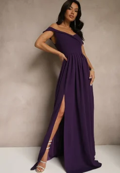 Fioletowa Elegancka Długa Sukienka Hiszpanka Wykończona Rozcięciem na Dole Idelia
