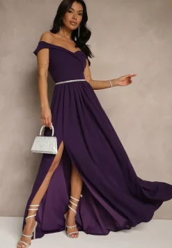 Fioletowa Elegancka Długa Sukienka Hiszpanka Wykończona Rozcięciem na Dole Idelia