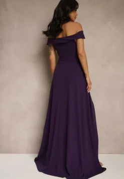 Fioletowa Elegancka Długa Sukienka Hiszpanka Wykończona Rozcięciem na Dole Idelia