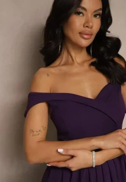 Fioletowa Elegancka Długa Sukienka Hiszpanka Wykończona Rozcięciem na Dole Idelia