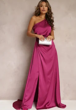 Fioletowa Elegancka Sukienka na Jedno Ramię o Asymetrycznym Fasonie Leylane