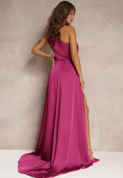 Fioletowa Elegancka Sukienka na Jedno Ramię o Asymetrycznym Fasonie Leylane