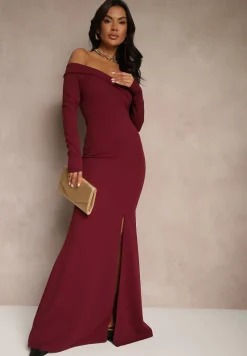 Fioletowa Rozkloszowana Sukienka Hiszpanka o Dopasowanym Kroju z Rozcięciem Tamirell