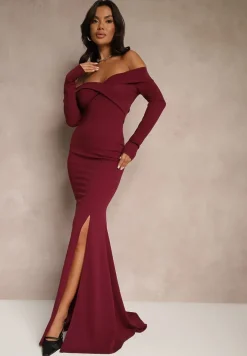 Fioletowa Rozkloszowana Sukienka Hiszpanka o Dopasowanym Kroju z Rozcięciem Tamirell