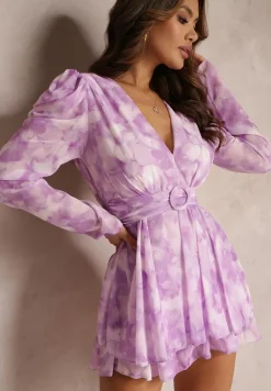 Fioletowa Sukienka Mini z Falbankami i Ozdobnym Paskiem z Okrągłą Klamerką Kaylia