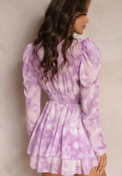 Fioletowa Sukienka Mini z Falbankami i Ozdobnym Paskiem z Okrągłą Klamerką Kaylia