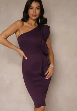 Fioletowa Sukienka na Jedno Ramię z Falbaną Lenoska