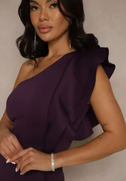 Fioletowa Sukienka na Jedno Ramię z Falbaną Lenoska