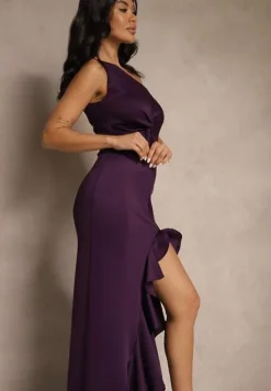 Fioletowa Sukienka na Ramię Ozdobiona Falbaną Lunivaria