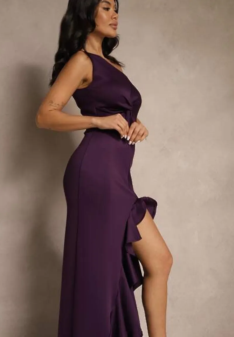 Fioletowa Sukienka na Ramię Ozdobiona Falbaną Lunivaria