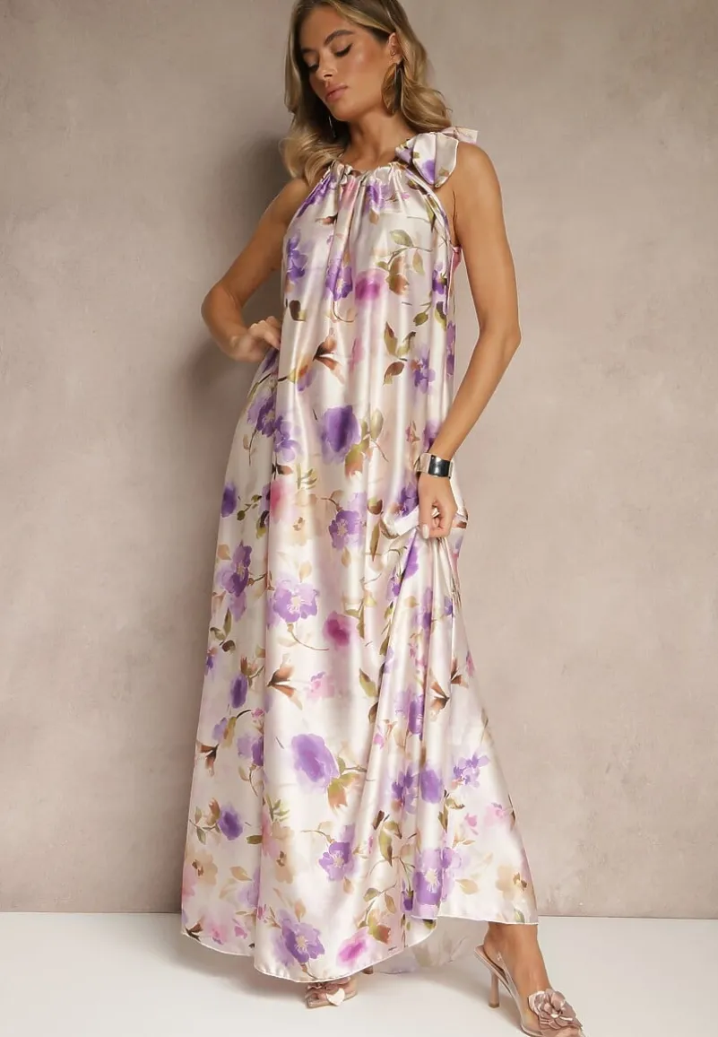 Fioletowa Sukienka z Satyny w Kwiatowy Wzór Fenimea