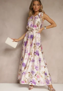 Fioletowa Sukienka z Satyny w Kwiatowy Wzór Fenimea