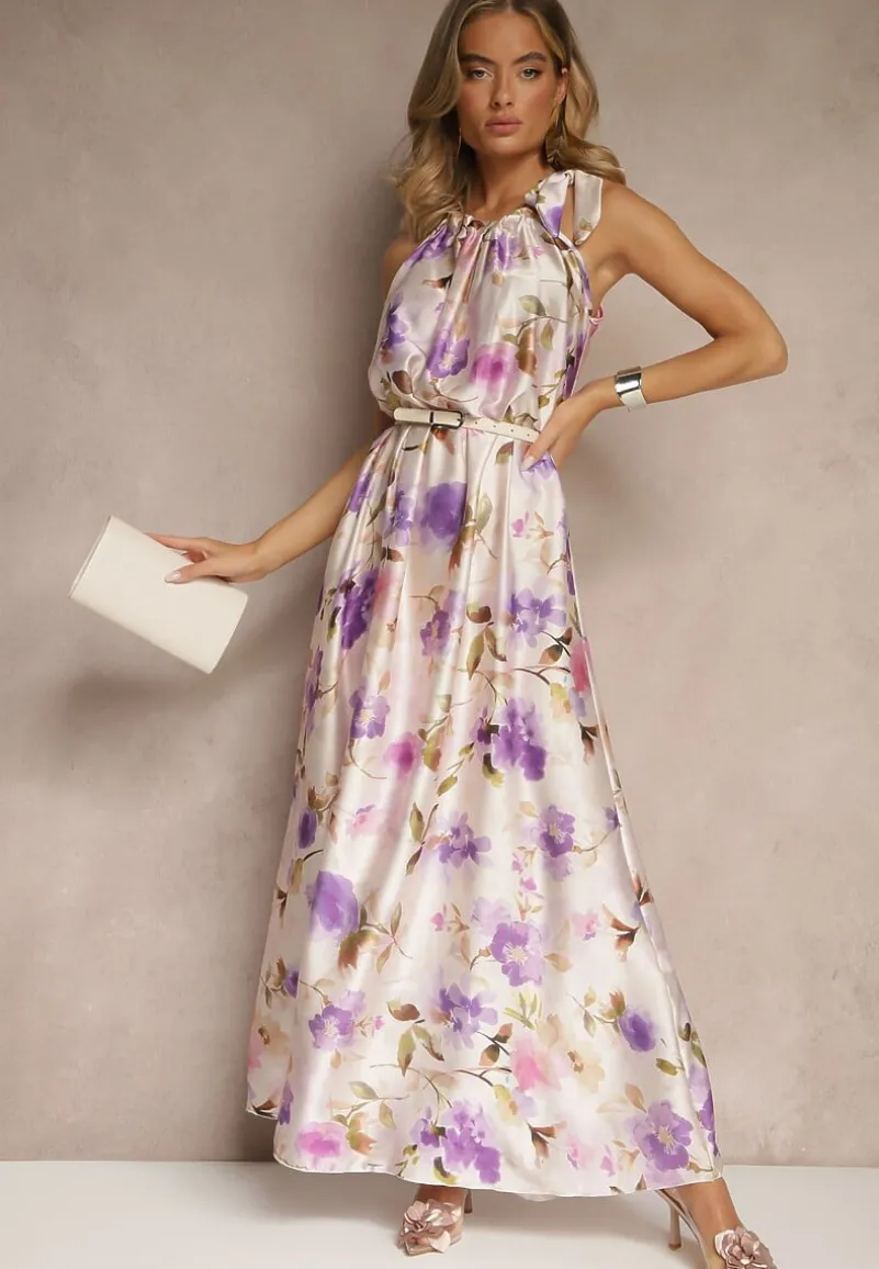 Fioletowa Sukienka z Satyny w Kwiatowy Wzór Fenimea