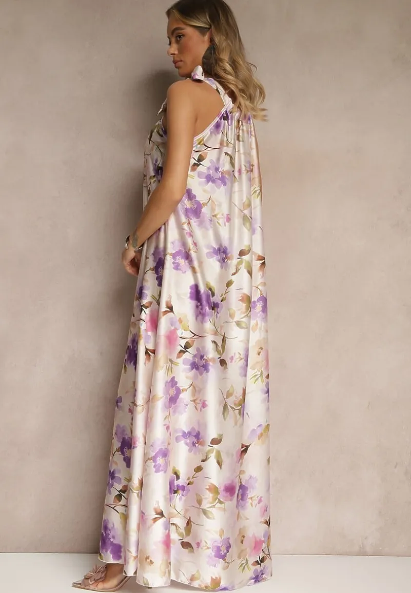 Fioletowa Sukienka z Satyny w Kwiatowy Wzór Fenimea