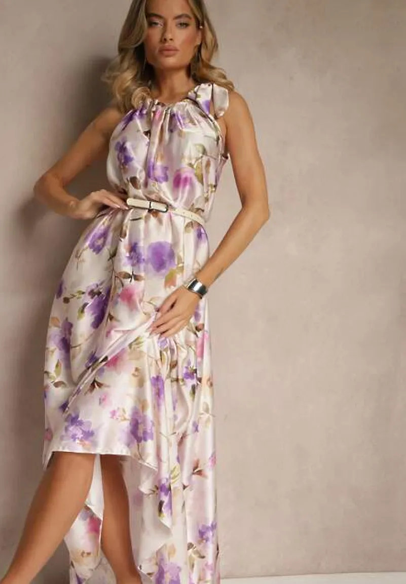 Fioletowa Sukienka z Satyny w Kwiatowy Wzór Fenimea