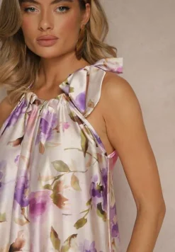 Fioletowa Sukienka z Satyny w Kwiatowy Wzór Fenimea