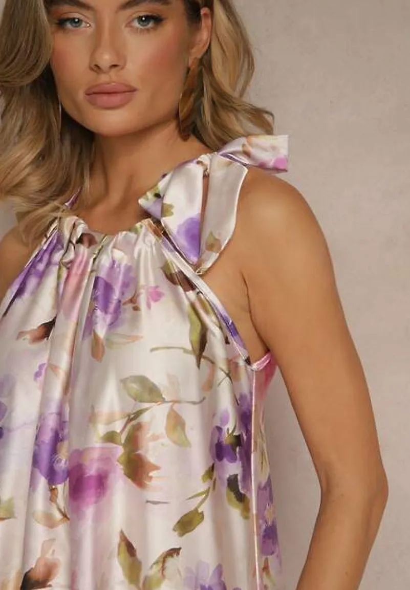 Fioletowa Sukienka z Satyny w Kwiatowy Wzór Fenimea