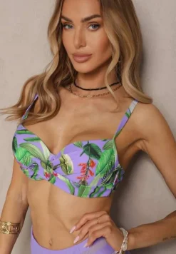 Fioletowe Bikini Biustonosz w Liście i Majtki Figi z Siateczkowymi Wstawkami Kinalea