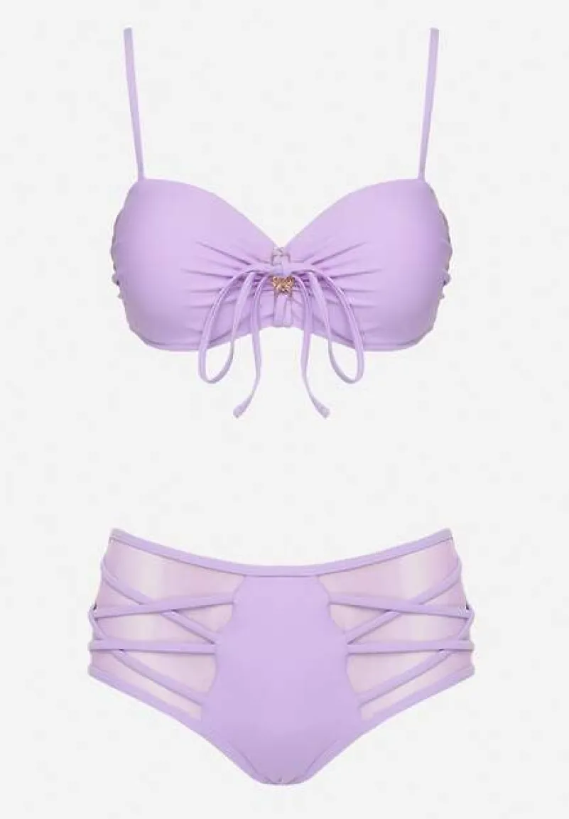 Fioletowe Bikini Biustonosz i Majtki Figi High Waist z Siateczkowymi Zdobieniami Kinovia