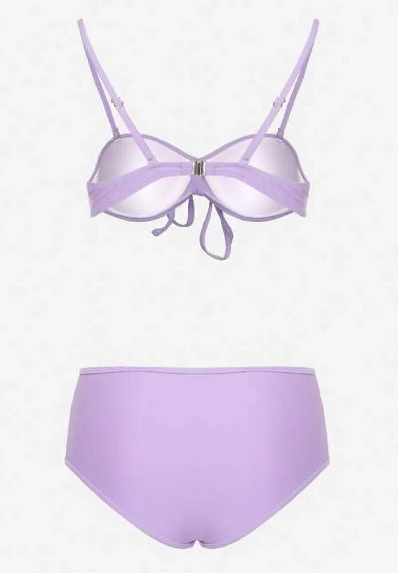 Fioletowe Bikini Biustonosz i Majtki Figi High Waist z Siateczkowymi Zdobieniami Kinovia