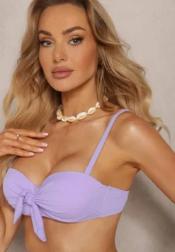 Fioletowe Bikini Majtki Figi i Usztywniany Biustonosz na Ramiączkach z Regulacją i Ozdobnym Wiązaniem Celiamarie