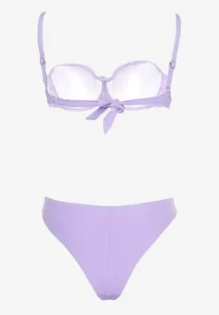 Fioletowe Bikini Majtki Figi i Usztywniany Biustonosz na Ramiączkach z Regulacją i Ozdobnym Wiązaniem Celiamarie