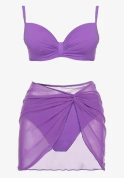 Fioletowe Bikini Majtki Typu Figi Marszczony Biustonosz i Pareo Natovena