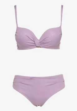 Fioletowe Bikini Majtki Typu Figi i Biustonosz z Usztywnianymi Miseczkami oraz Marszczeniem Jonbia